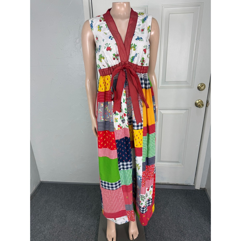 Vintage 70s Mr. Hank Patchwork Dress Retro Maxi Cotton Floral Strawberry F4